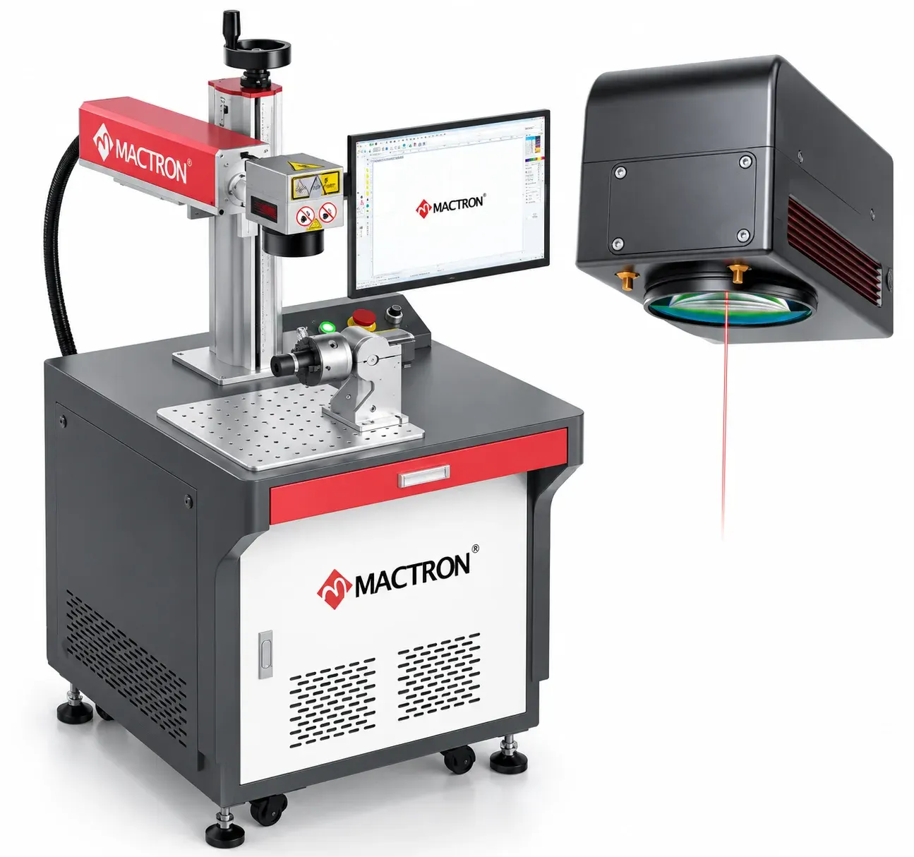 Station de marquage laser UV MacTron 5 W, avec son plateau perforé, son mandrin rotatif et son poste de préparation ; en médaillon, la tête galvanométrique et son faisceau de visée