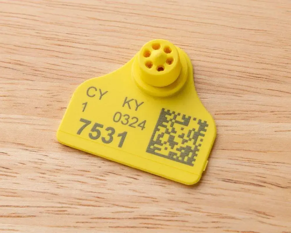 Étiquette plastique jaune marquée avec un numéro et un QR code