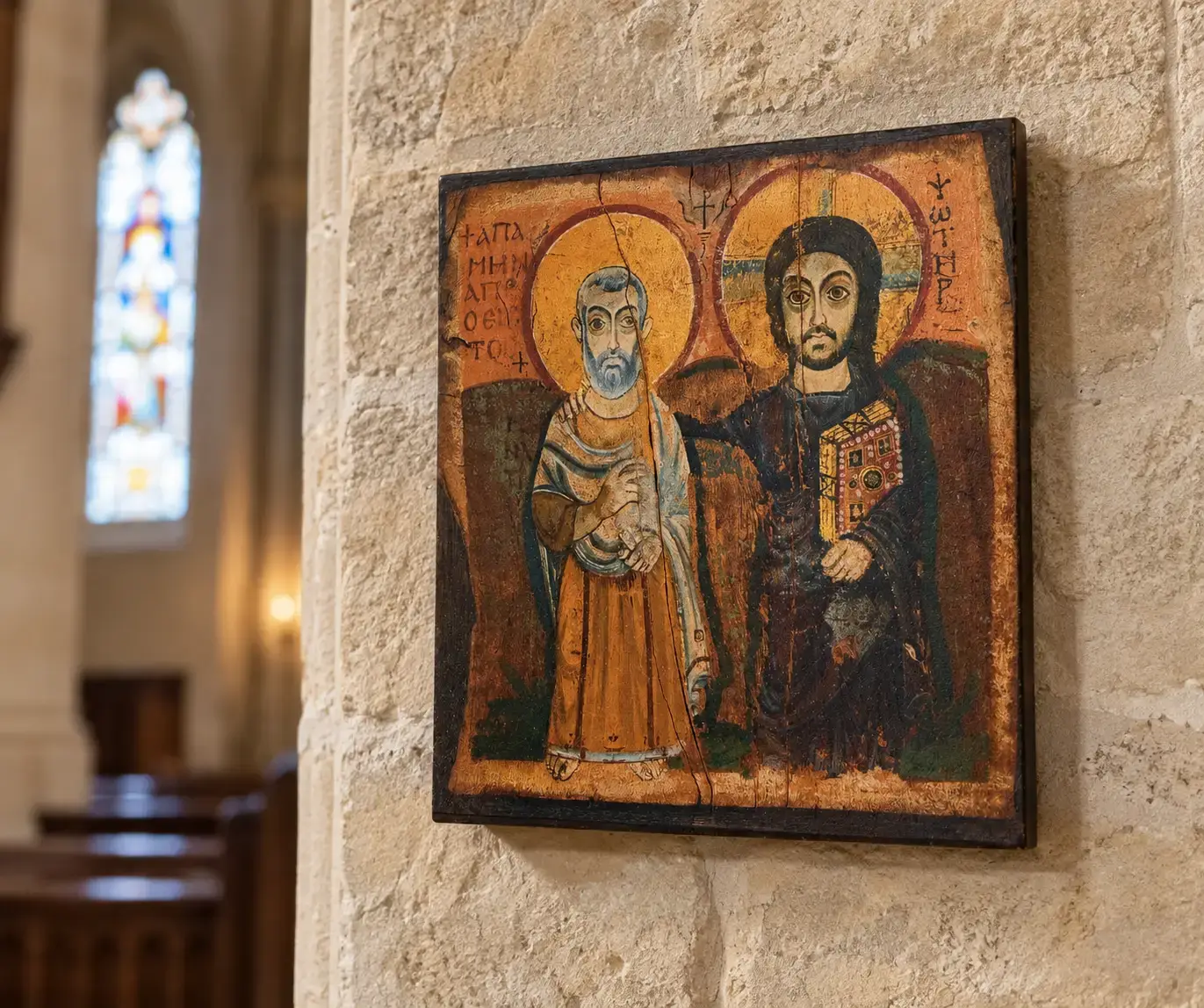 Reproduction d’une icône ancienne imprimée en couleur sur un panneau de bois, accrochée au mur de pierre d’une église