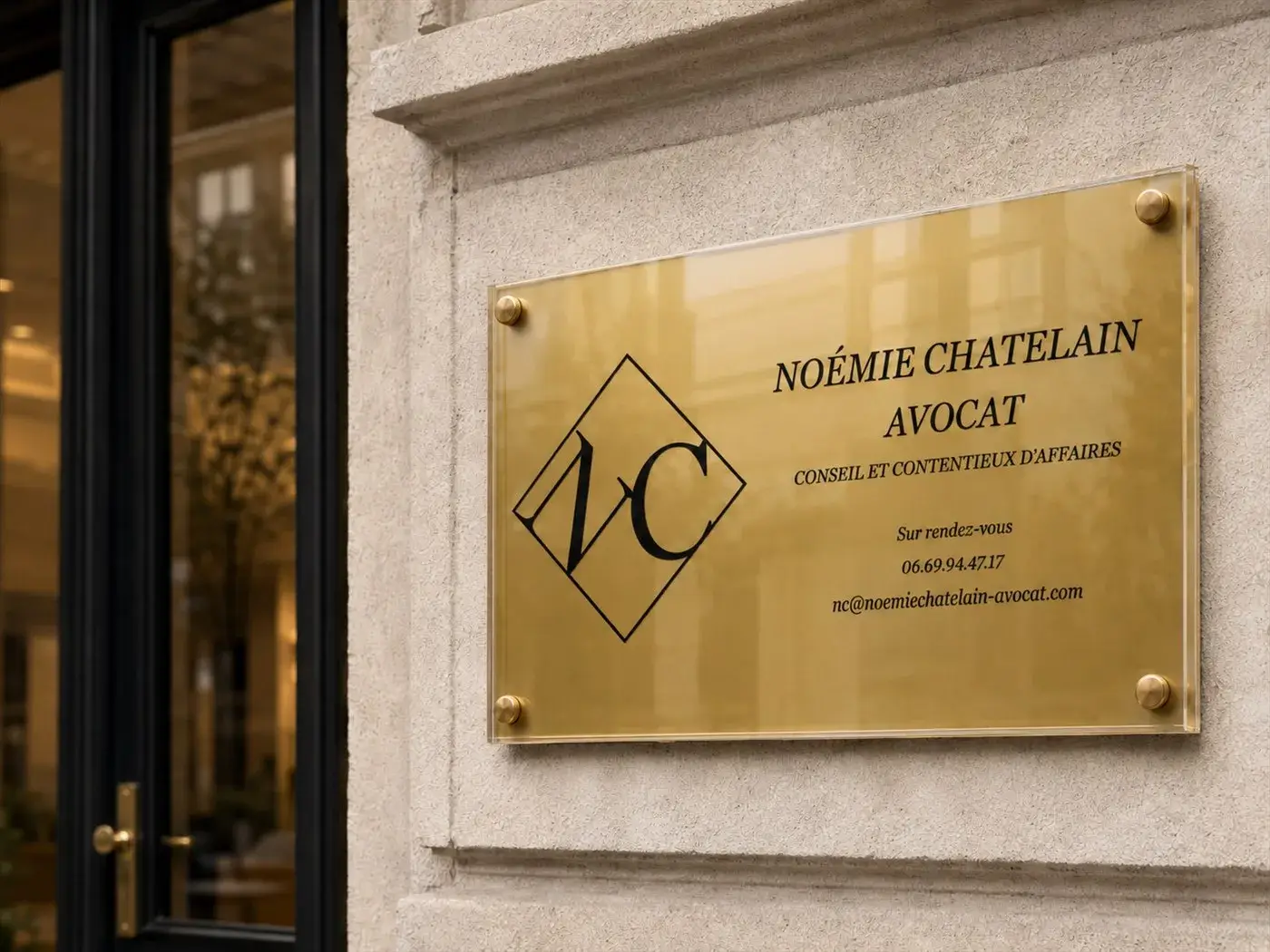 Plaque professionnelle extérieure gravée, posée sur une façade